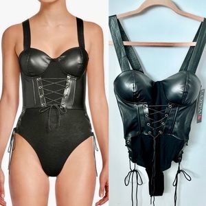 OPPA Black Leather Lace Up Bodysuit